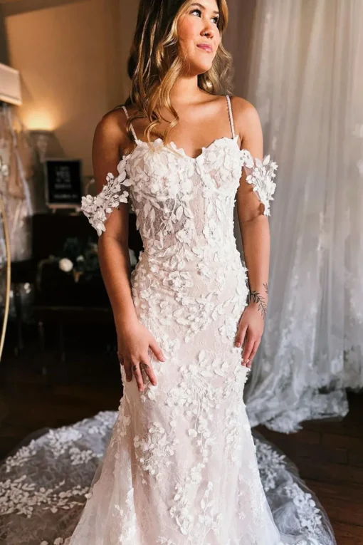 Champagne Cold Shoulder Long Train Mermaid Wedding Dress with Appliques
