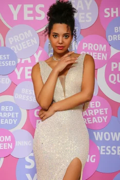 Champagne Deep V Neck Sequins Prom Dress with Slit