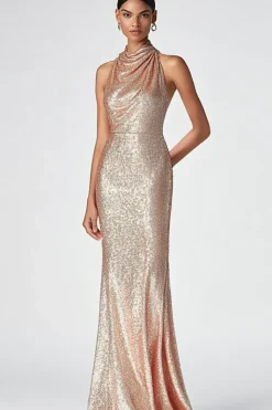Champagne Halter Mermaid Sequins Formal Dress