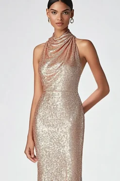 Champagne Halter Mermaid Sequins Formal Dress