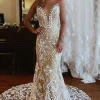Champagne Illusion Boat Neck Mermaid Long Lace Wedding Dress