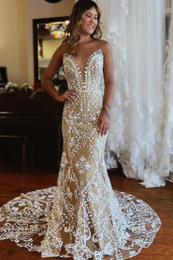 Champagne Illusion Boat Neck Mermaid Long Lace Wedding Dress