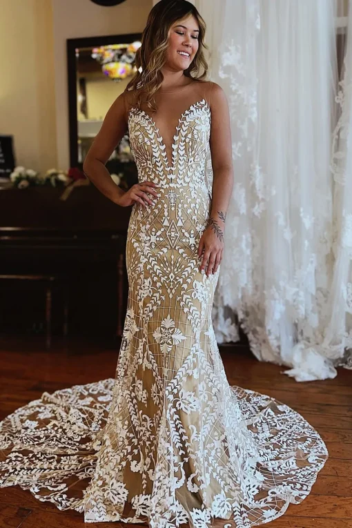 Champagne Illusion Boat Neck Mermaid Long Lace Wedding Dress