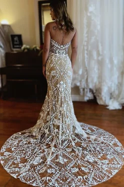 Champagne Illusion Boat Neck Mermaid Long Lace Wedding Dress