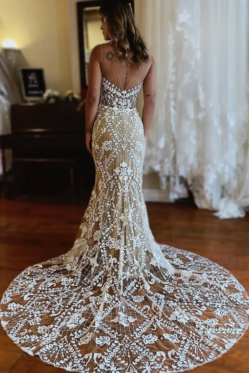 Champagne Illusion Boat Neck Mermaid Long Lace Wedding Dress