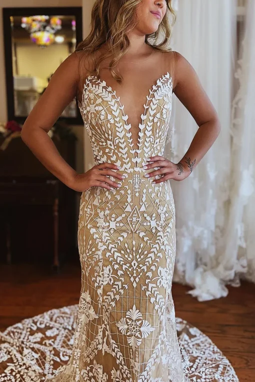 Champagne Illusion Boat Neck Mermaid Long Lace Wedding Dress