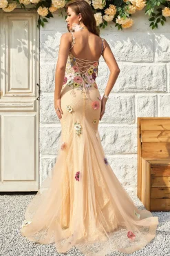 Champagne Lace Mermaid Prom Dress with Appliques