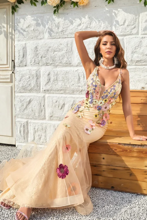 Champagne Lace Mermaid Prom Dress with Appliques