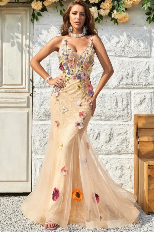 Champagne Lace Mermaid Prom Dress with Appliques