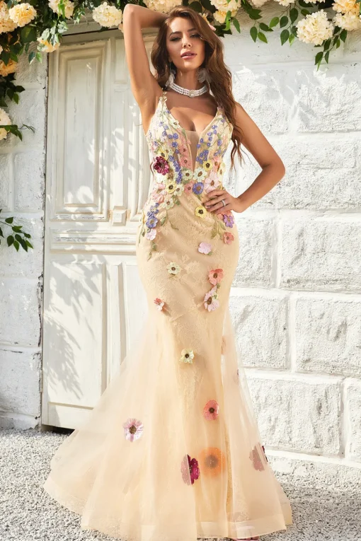 Champagne Lace Mermaid Prom Dress with Appliques