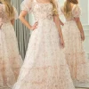 Champagne Printed A-line Square Neck Long Prom Dress