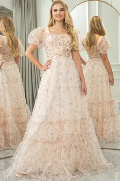 Champagne Printed A-line Square Neck Long Prom Dress