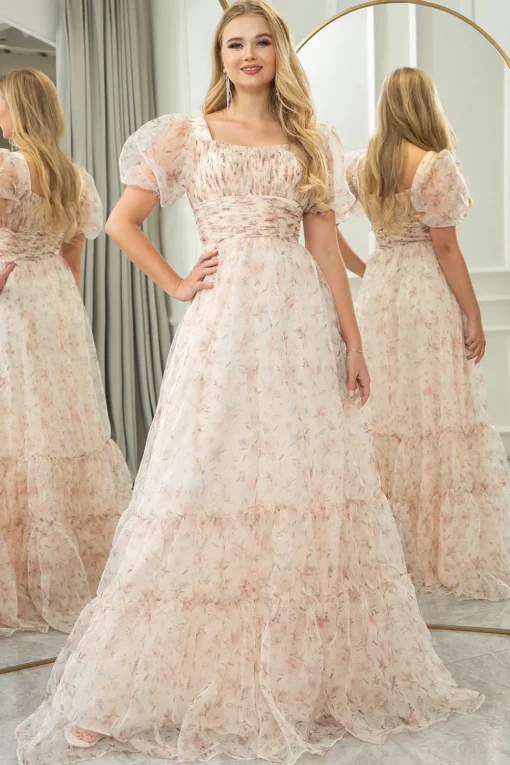 Champagne Printed A-line Square Neck Long Prom Dress
