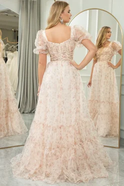 Champagne Printed A-line Square Neck Long Prom Dress