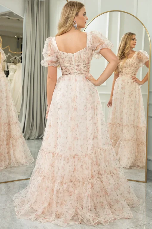 Champagne Printed A-line Square Neck Long Prom Dress
