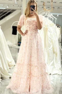 Champagne Printed A-line Square Neck Long Prom Dress