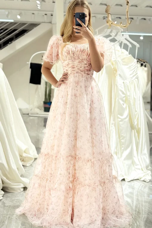 Champagne Printed A-line Square Neck Long Prom Dress