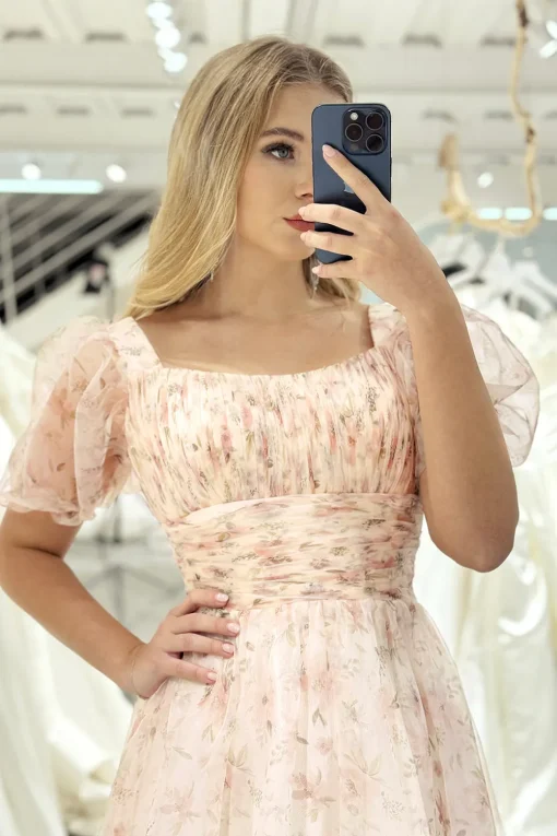 Champagne Printed A-line Square Neck Long Prom Dress