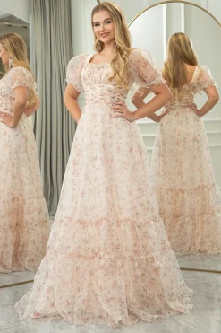 Champagne Printed A-line Square Neck Long Prom Dress