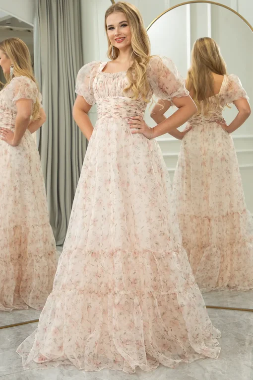 Champagne Printed A-line Square Neck Long Prom Dress