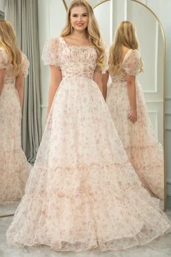 Champagne Printed A-line Square Neck Long Prom Dress