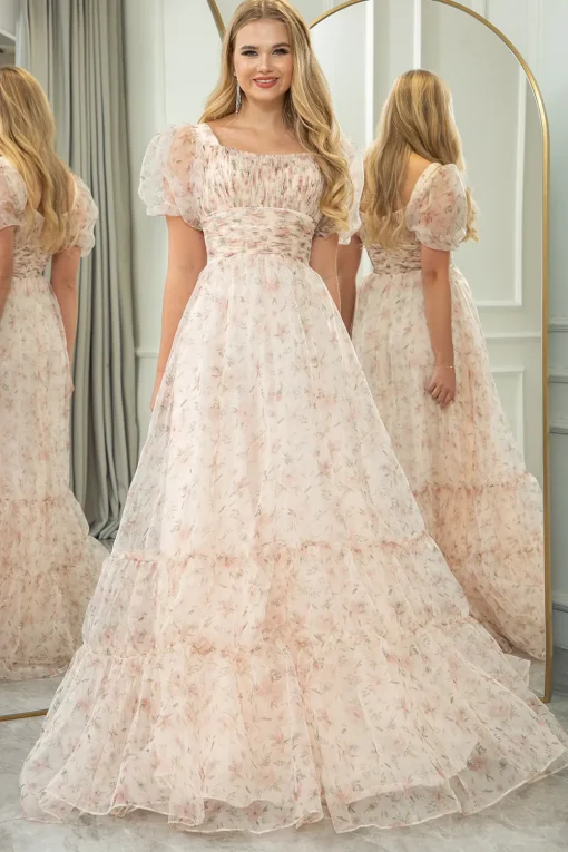 Champagne Printed A-line Square Neck Long Prom Dress