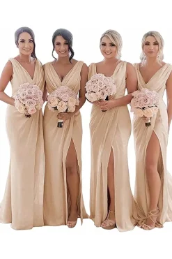 Champagne Sleeveless Chiffon Bridesmaid Dresses With Pleated Split