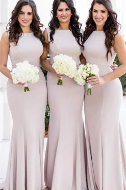 Champagne Sweep Train Satin Bridesmaid Dresses With Pleated