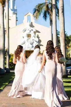 Champagne Sweep Train Satin Bridesmaid Dresses With Pleated