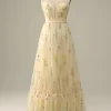 Champagne Tulle A Line Prom Dress with Embroidered