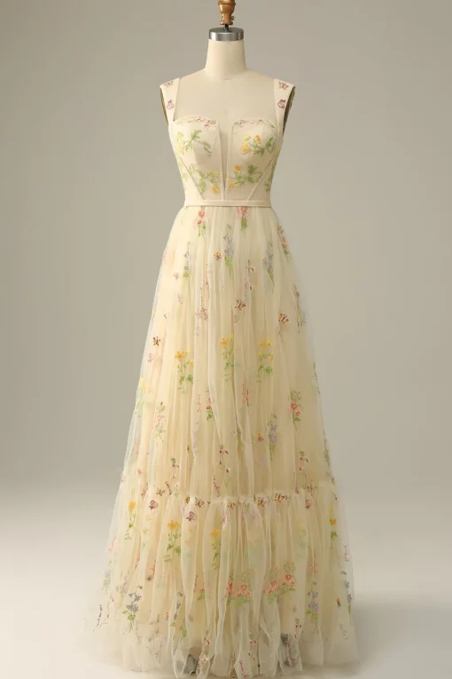 Champagne Tulle A Line Prom Dress with Embroidered
