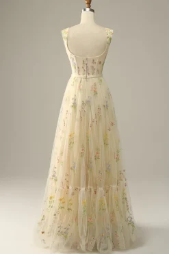 Champagne Tulle A Line Prom Dress with Embroidered