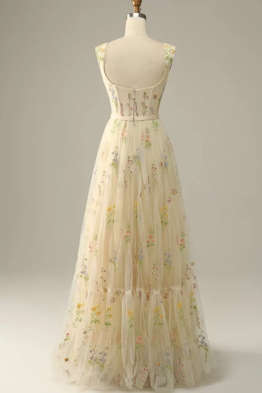 Champagne Tulle A Line Prom Dress with Embroidered
