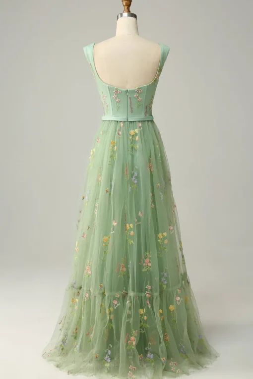 Champagne Tulle A Line Prom Dress with Embroidered