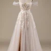 Champagne Tulle Detachable Off the Shoulder Wedding Dress with Lace