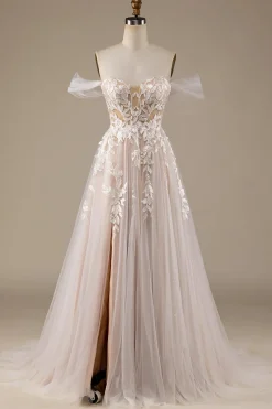 Champagne Tulle Detachable Off the Shoulder Wedding Dress with Lace