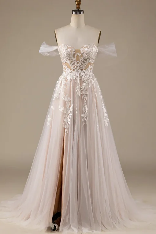 Champagne Tulle Detachable Off the Shoulder Wedding Dress with Lace