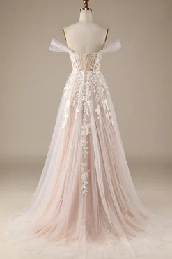 Champagne Tulle Detachable Off the Shoulder Wedding Dress with Lace