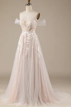 Champagne Tulle Detachable Off the Shoulder Wedding Dress with Lace