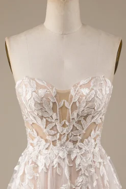 Champagne Tulle Detachable Off the Shoulder Wedding Dress with Lace