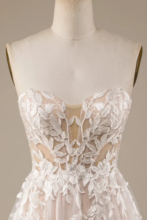 Champagne Tulle Detachable Off the Shoulder Wedding Dress with Lace