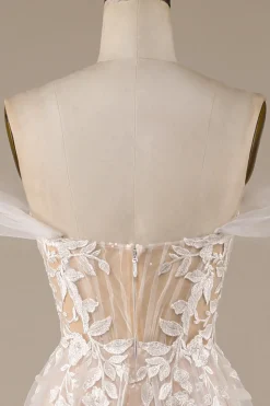 Champagne Tulle Detachable Off the Shoulder Wedding Dress with Lace