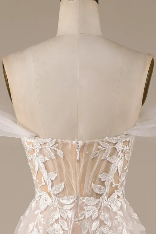 Champagne Tulle Detachable Off the Shoulder Wedding Dress with Lace