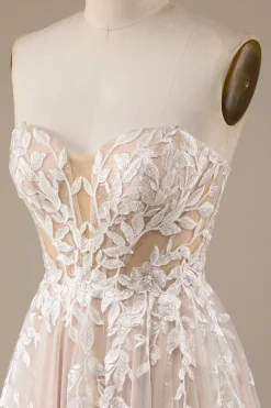 Champagne Tulle Detachable Off the Shoulder Wedding Dress with Lace