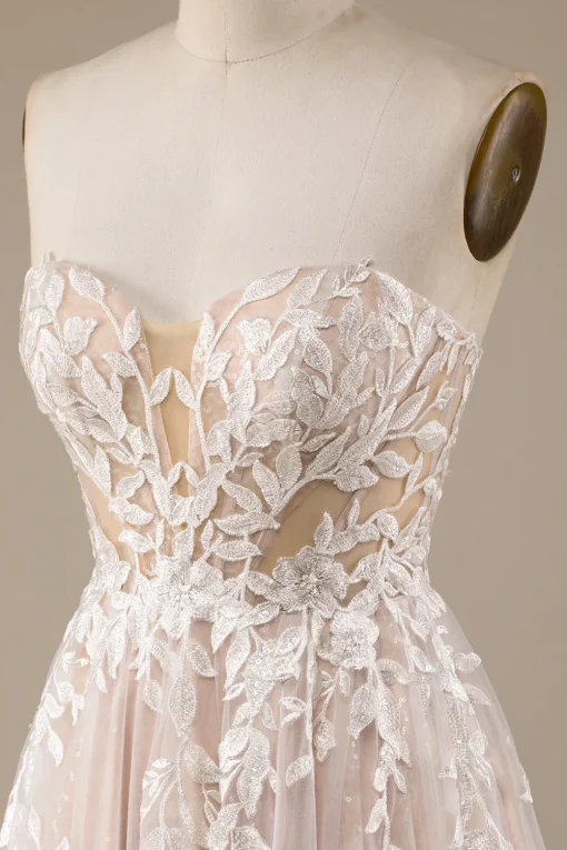 Champagne Tulle Detachable Off the Shoulder Wedding Dress with Lace