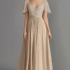 Champagne V Neck Appliques A Line Pleated Mother of the Bride Dress