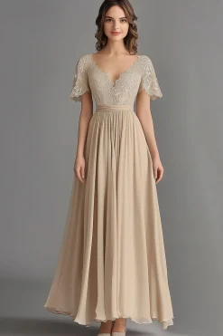 Champagne V Neck Appliques A Line Pleated Mother of the Bride Dress