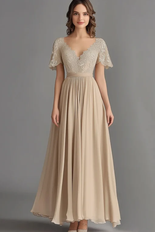 Champagne V Neck Appliques A Line Pleated Mother of the Bride Dress