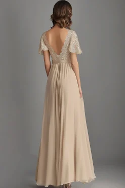 Champagne V Neck Appliques A Line Pleated Mother of the Bride Dress