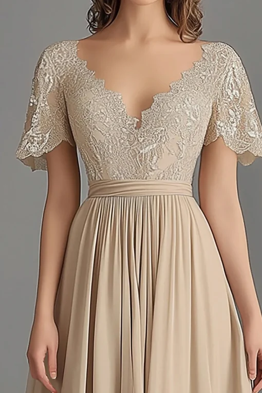 Champagne V Neck Appliques A Line Pleated Mother of the Bride Dress